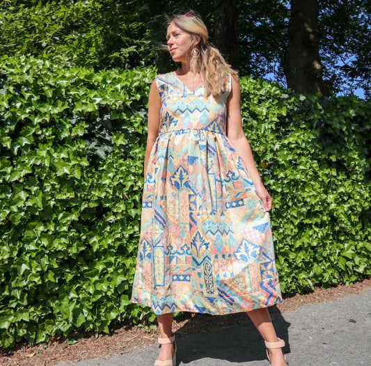 Cotton pastel Aztek print summer midi dress with cut out/ tie back. Handmade from vintage curtains. V neck. Size 10-12.