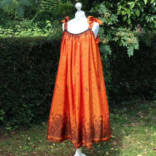 Bohemian Indian Summer Strap Dress. Handmade from vintage orange sari fabric. Silky Feel. Size 14 oversized 12.