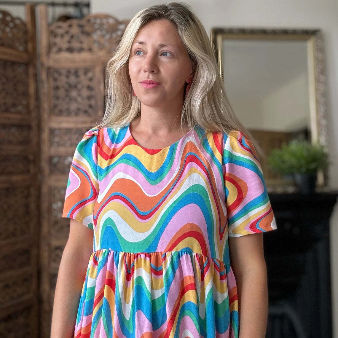 Handmade short sleeve rainbow multicolour midi dress. Made from deadstock fabric. Size 12.