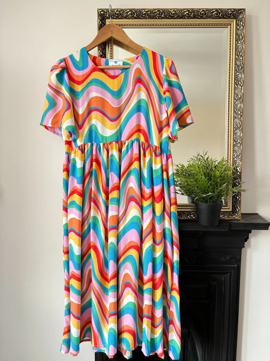 Handmade short sleeve rainbow multicolour midi dress. Made from deadstock fabric. Size 12.