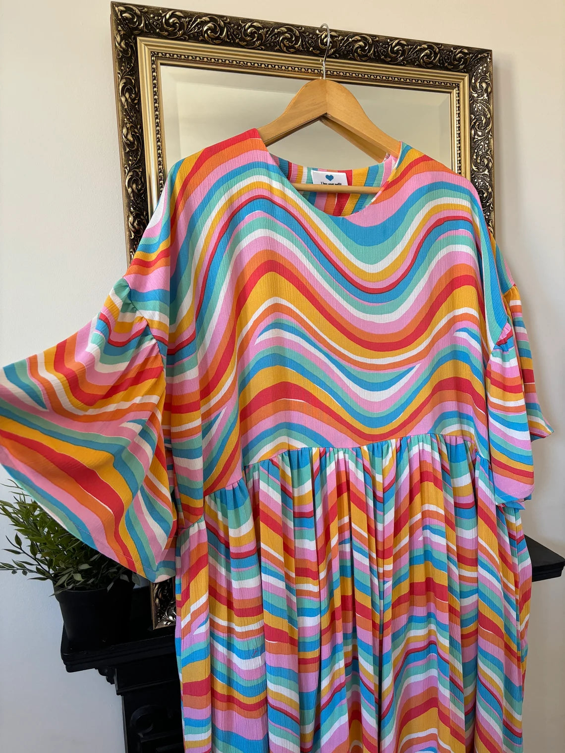 Florence Dress. Handmade 60s 70s style dress. Oversized fit. Ruffle sleeves. Tiered. Rainbow swirl print. Up to size 20