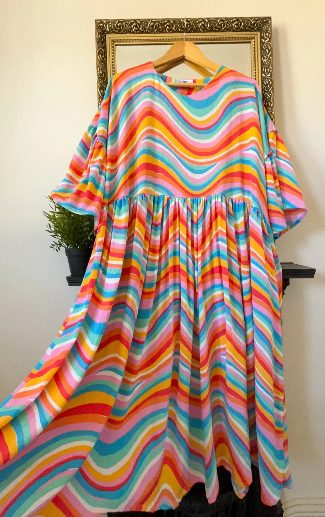 Florence Dress. Handmade 60s 70s style dress. Oversized fit. Ruffle sleeves. Tiered. Rainbow swirl print. Up to size 20