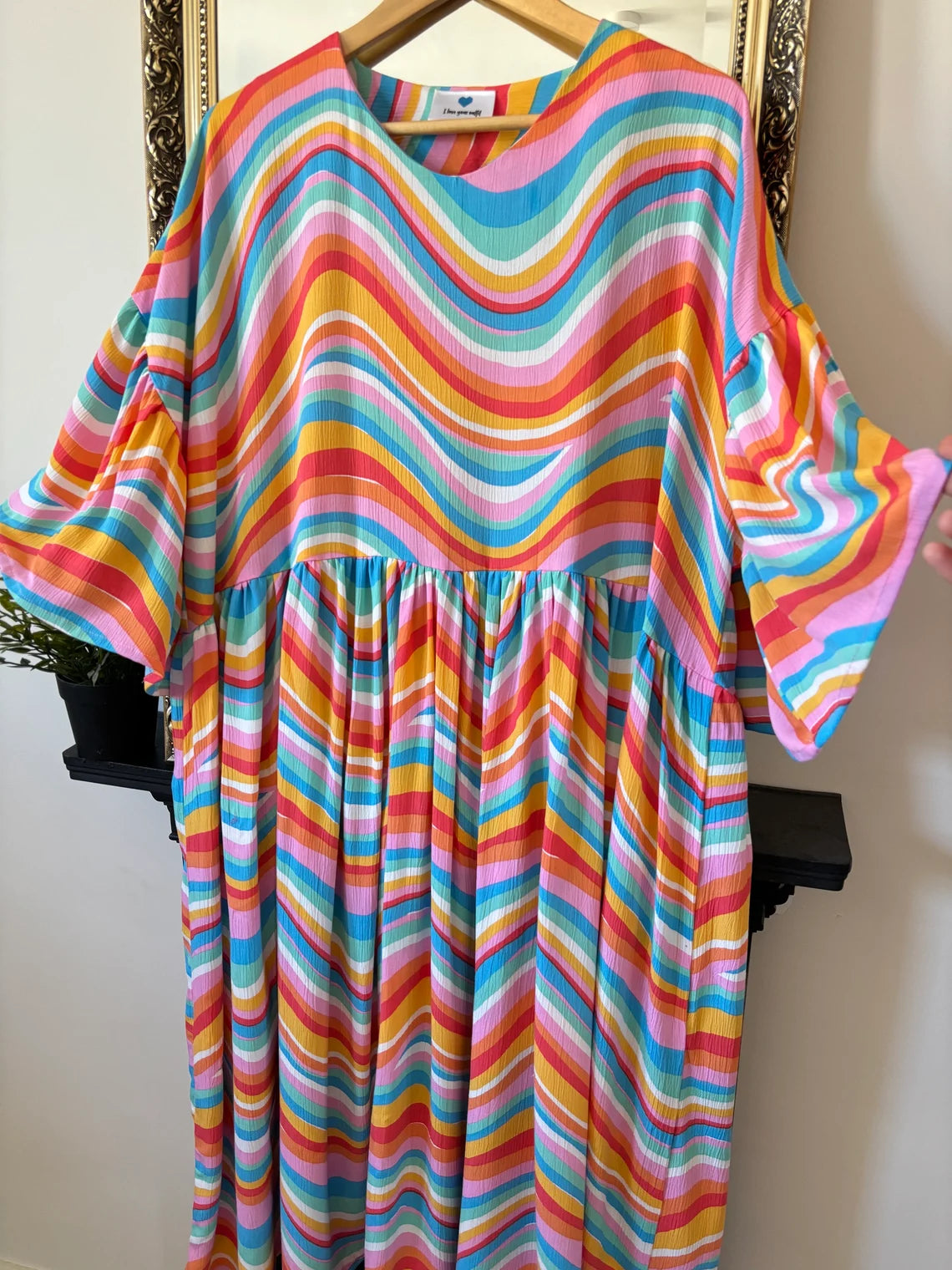 Florence Dress. Handmade 60s 70s style dress. Oversized fit. Ruffle sleeves. Tiered. Rainbow swirl print. Up to size 20
