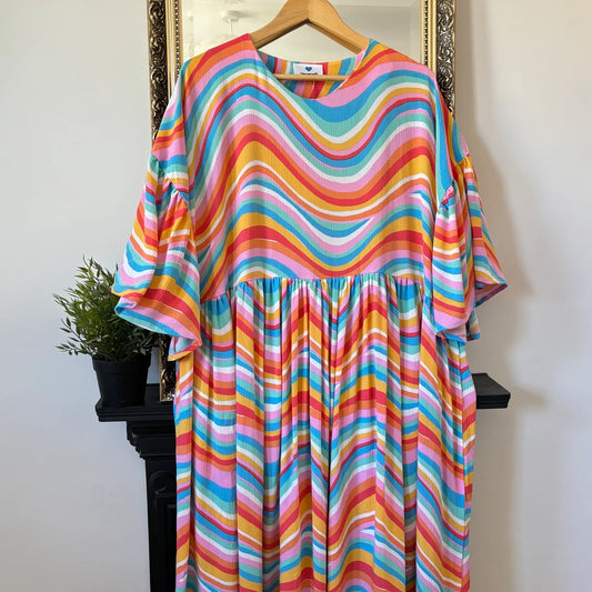 Florence Dress. Handmade 60s 70s style dress. Oversized fit. Ruffle sleeves. Tiered. Rainbow swirl print. Up to size 20