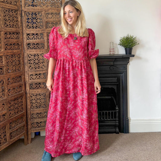 Handmade Puff Sleeve Vintage Inspired Cotton Floral Dress. Raspberry. Maxi long Sleeve. Size 14, loose 12