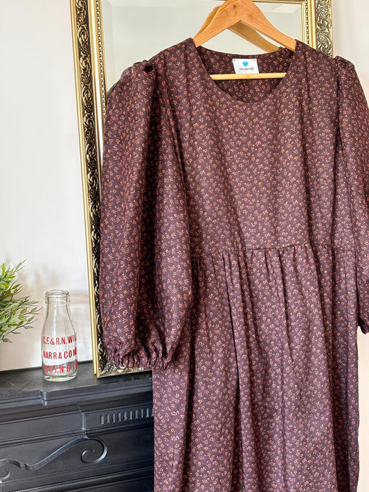 Handmade Puff Sleeve Vintage Inspired Cotton Floral Dress. Chocolate brown. Maxi long Sleeve. Size 16, loose 14