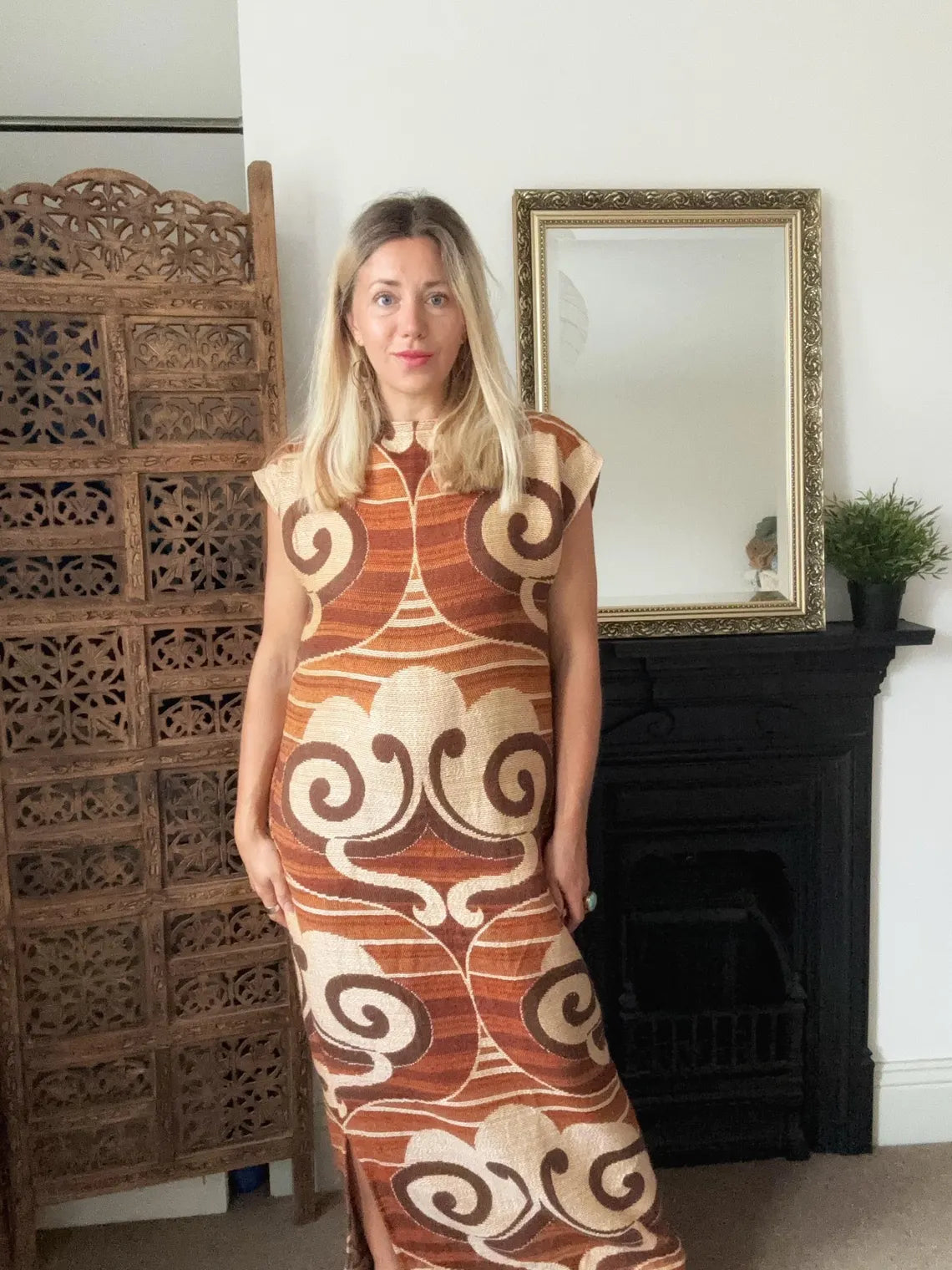 Handmade 70s fitted Autumnal dress. Made from a vintage curtain. Browns and Beiges. Size 10-12
