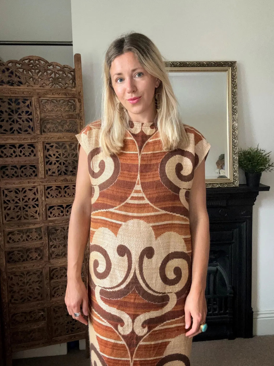 Handmade 70s fitted Autumnal dress. Made from a vintage curtain. Browns and Beiges. Size 10-12