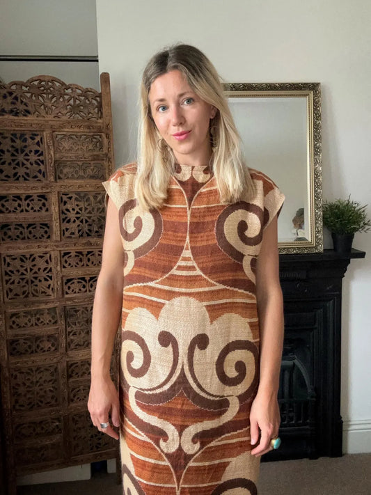 Handmade 70s fitted Autumnal dress. Made from a vintage curtain. Browns and Beiges. Size 10-12