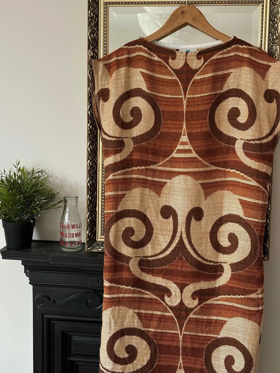 Handmade 70s fitted Autumnal dress. Made from a vintage curtain. Browns and Beiges. Size 10-12