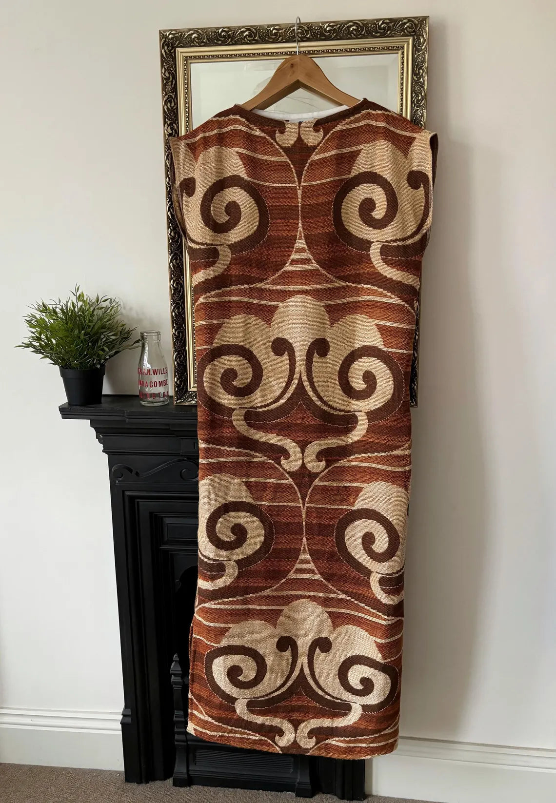 Handmade 70s fitted Autumnal dress. Made from a vintage curtain. Browns and Beiges. Size 10-12