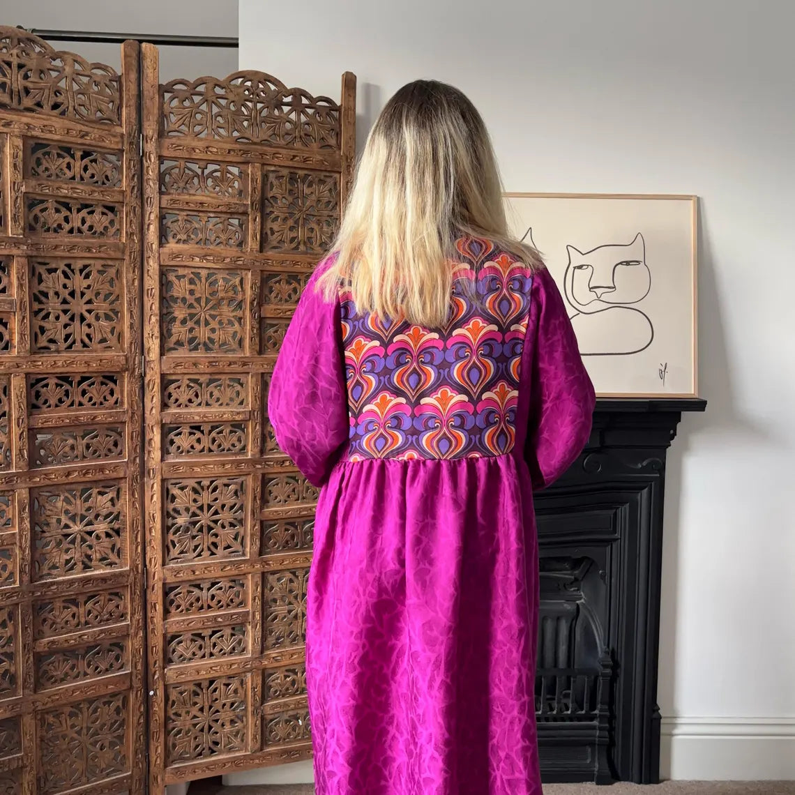 Handmade 70s purple psychedelic long sleeve dress. Cuff detail. Sustainably made. Size 14 or loose 12.