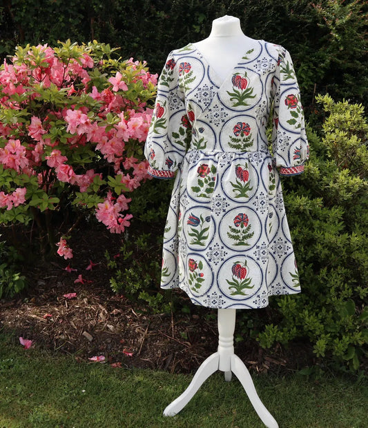 Cotton summer wrap dress. Handmade from vintage curtains. Puff Sleeves. Print. Size 10.