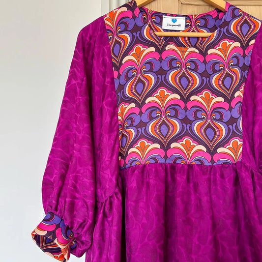 Handmade 70s purple psychedelic long sleeve dress. Cuff detail. Sustainably made. Size 14 or loose 12.