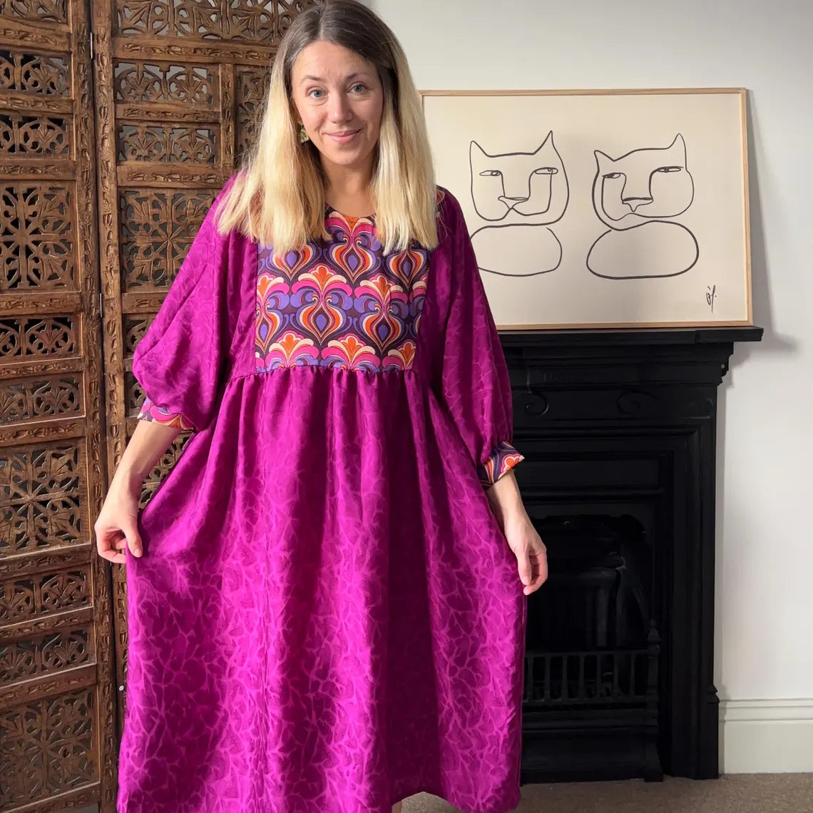 Handmade 70s purple psychedelic long sleeve dress. Cuff detail. Sustainably made. Size 14 or loose 12.