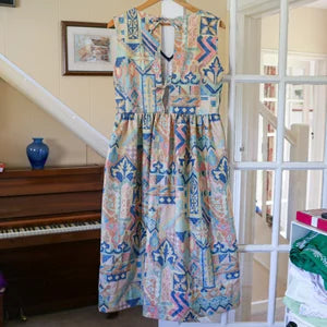 Cotton pastel Aztek print summer midi dress with cut out/ tie back. Handmade from vintage curtains. V neck. Size 10-12.