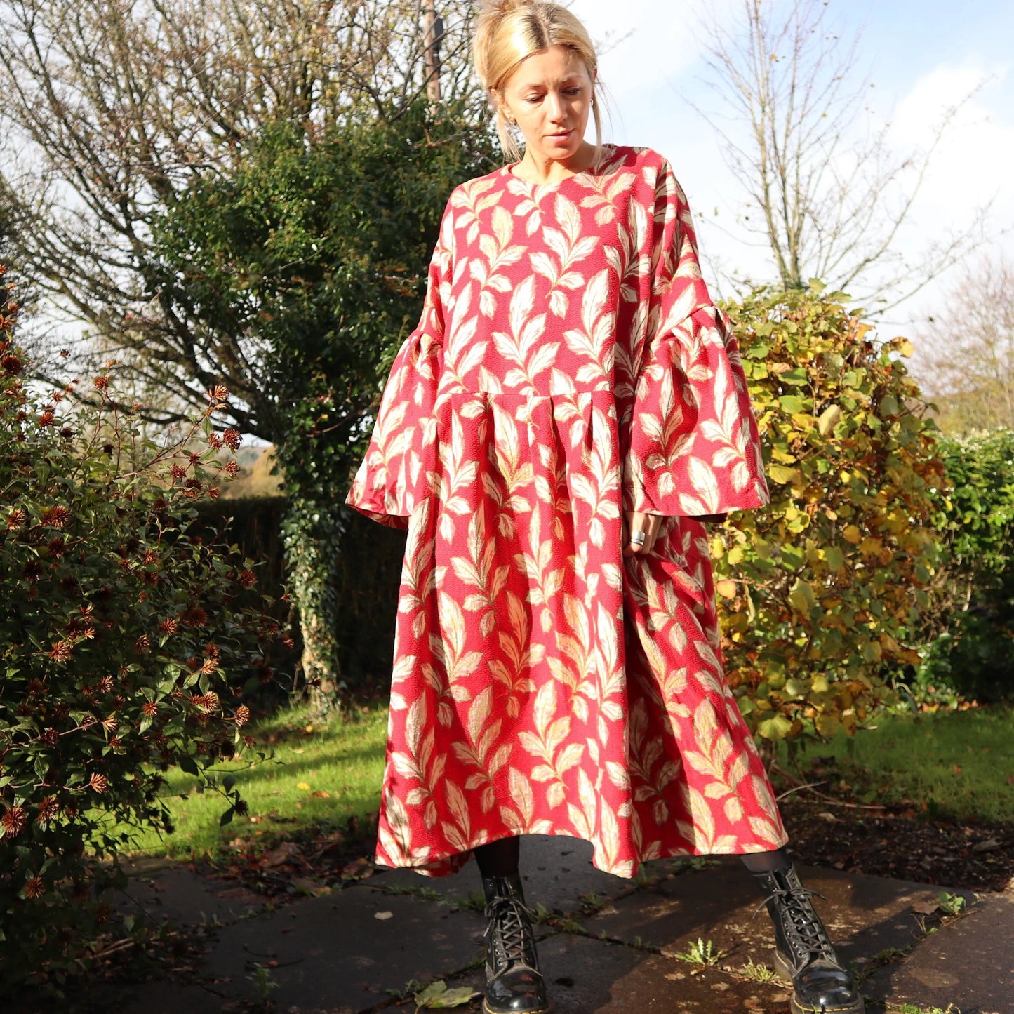 Handmade Oversized Big Sleeve Dress. Ruffle sleeves. 70s fabric. Made from vintage curtains. Gold Leaf print. Size 18-20.