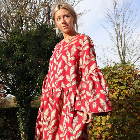 Handmade Oversized Big Sleeve Dress. Ruffle sleeves. 70s fabric. Made from vintage curtains. Gold Leaf print. Size 18-20.