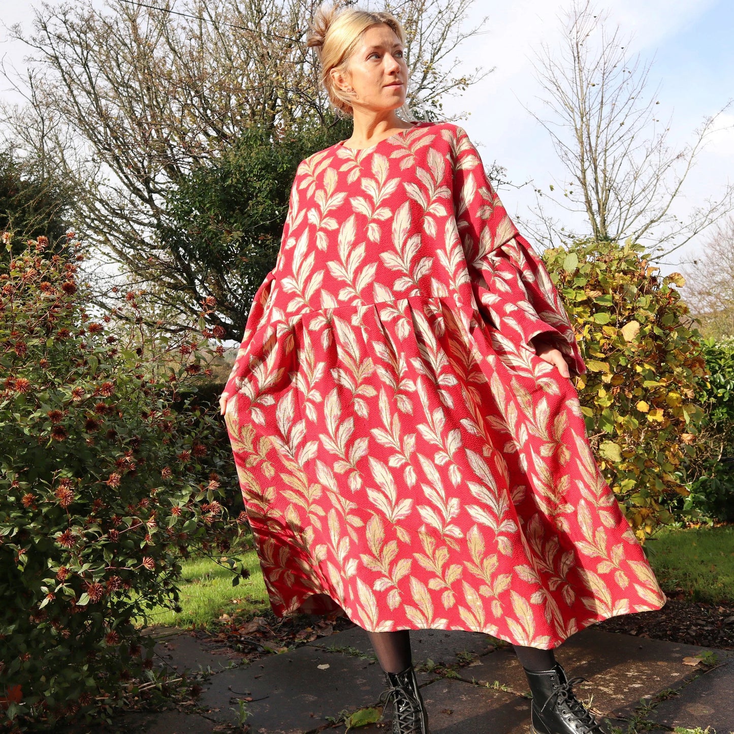 Handmade Oversized Big Sleeve Dress. Ruffle sleeves. 70s fabric. Made from vintage curtains. Gold Leaf print. Size 18-20.