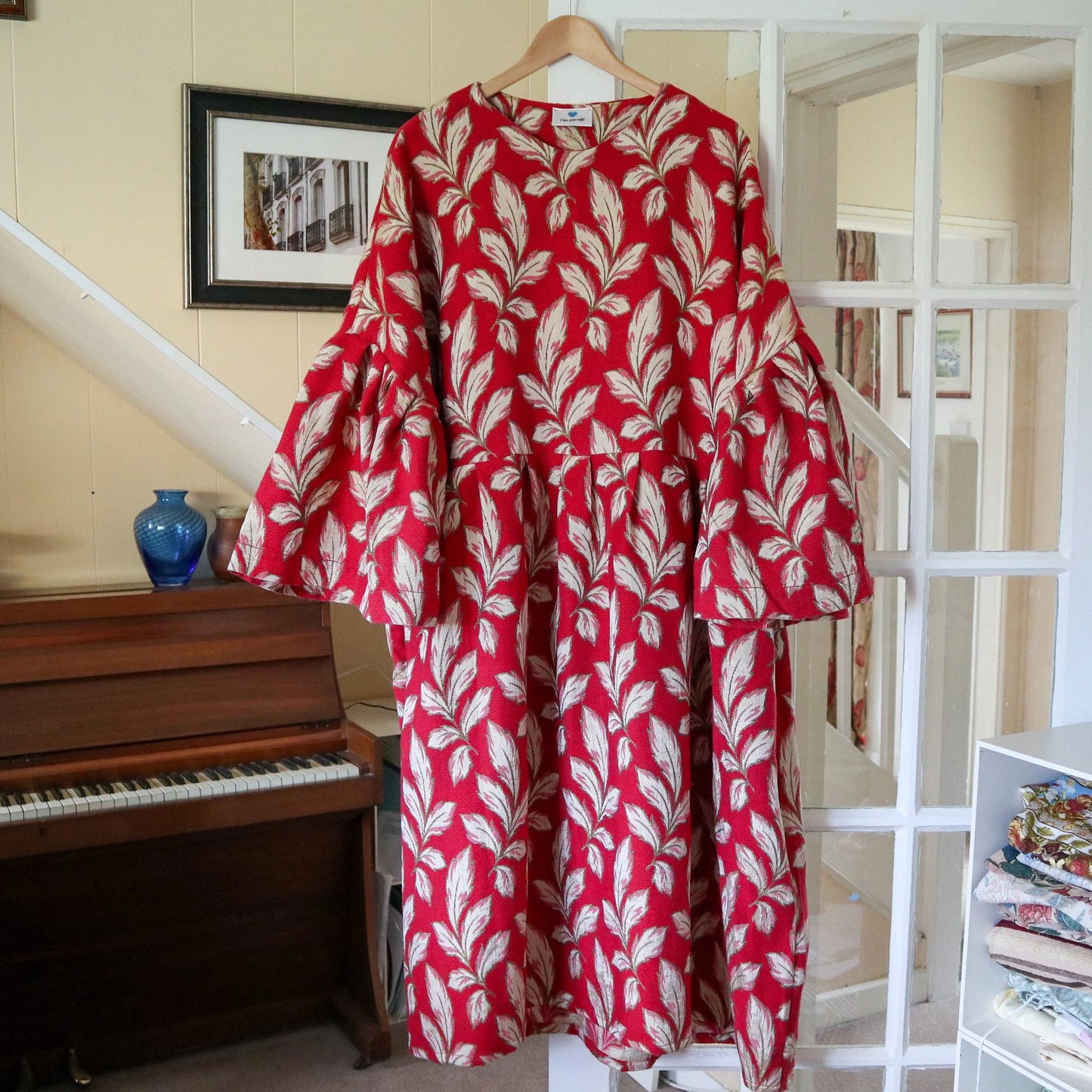Handmade Oversized Big Sleeve Dress. Ruffle sleeves. 70s fabric. Made from vintage curtains. Gold Leaf print. Size 18-20.