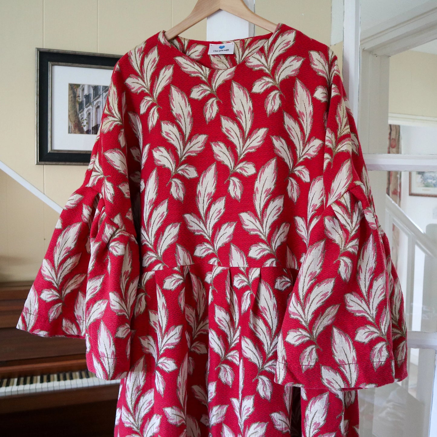 Handmade Oversized Big Sleeve Dress. Ruffle sleeves. 70s fabric. Made from vintage curtains. Gold Leaf print. Size 18-20.